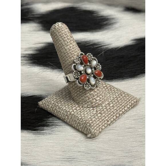 Native American Sterling Silver Red Coral Mother Pearl Cluster Flower Ring Adjst - Picture 5 of 13